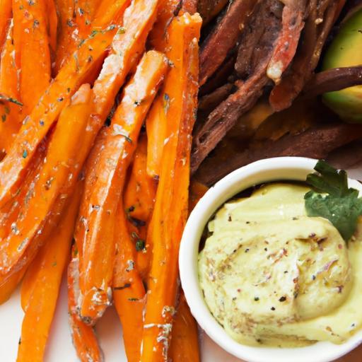 Crispy Sweet Potato Fries Paired with Creamy Avocado Dip