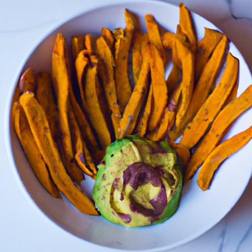 Crispy Sweet Potato Fries Paired with creamy Avocado ⁣Dip